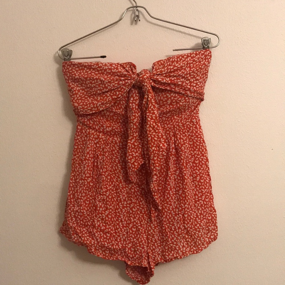 Orange and white self tie strapless romper